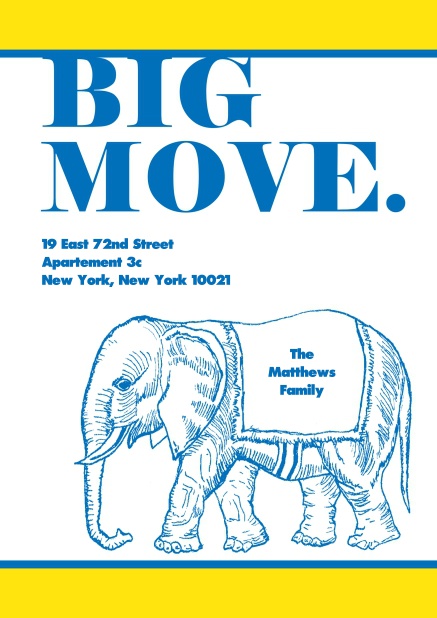 Moving Card with blue elephant.