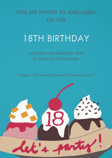 Invitation with ice cream and cherry on top for 18th birthday.