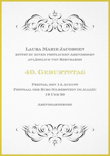 Einladung mit Ornamenten oben und unten zum 40. Geburtstag.