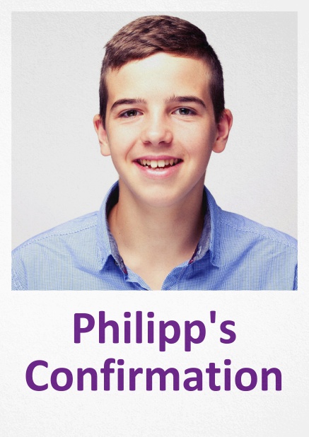 Confirmation invitation card with customizable color and photo above text field. Purple.