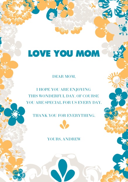 Online Muttertagskarte mit gelben und blauen Blumen.
