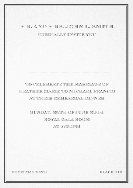 Classic invitation card in Avignon design with fine single color frame. Black.