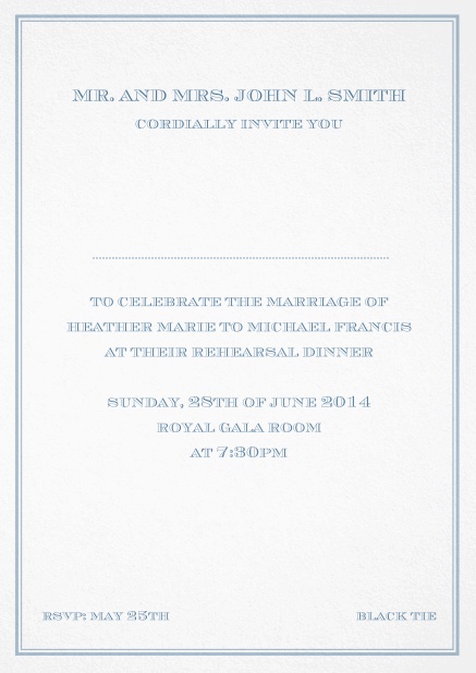 Classic invitation card in Avignon design with fine single color frame. Blue.