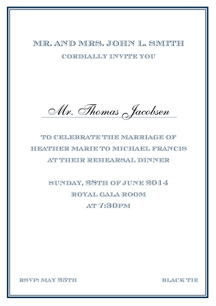 Online classic invitation card in Avignon design with fine single color frame. Navy.