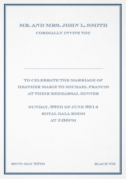 Classic invitation card in Avignon design with fine single color frame. Navy.