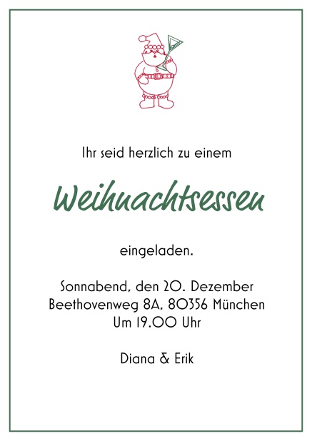 Online Einladungskarte zum Weihnachtsessen mit einem kleinen Weihnachtsman. Grün.