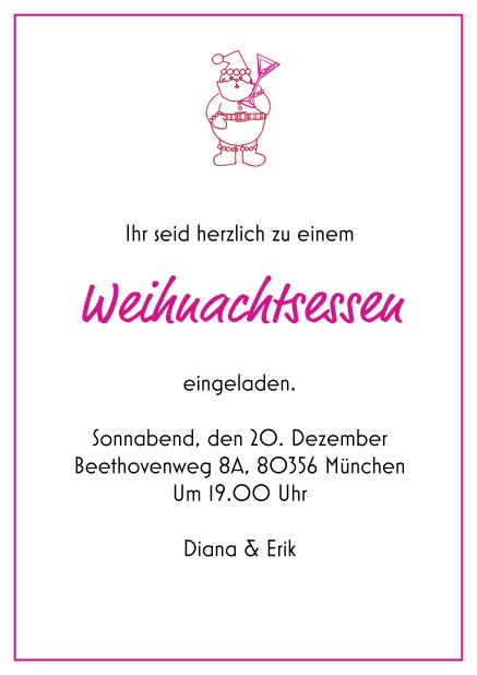 Online Einladungskarte zum Weihnachtsessen mit einem kleinen Weihnachtsman. Rosa.