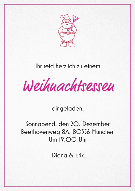 Einladungskarte zum Weihnachtsessen mit einem kleinen Weihnachtsman. Rosa.