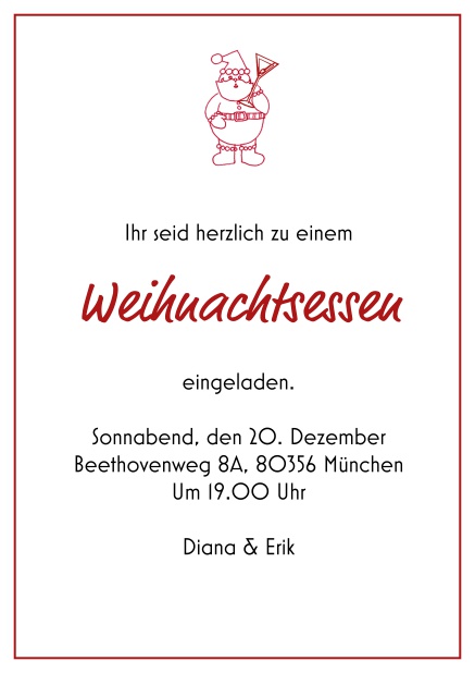 Online Einladungskarte zum Weihnachtsessen mit einem kleinen Weihnachtsman. Rot.