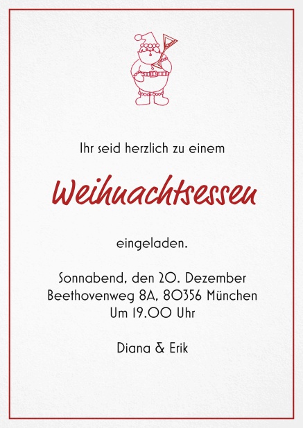 Einladungskarte zum Weihnachtsessen mit einem kleinen Weihnachtsman. Rot.