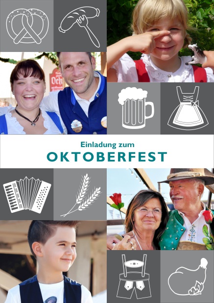 Online Einladungskarte zum Oktoberfest mit Fotofeldern zum selber hochladen. Grau.