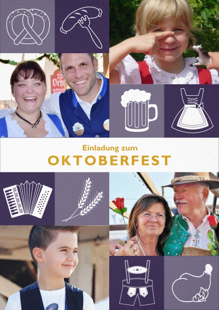 Einladungskarte zum Oktoberfest mit Fotofeldern zum selber hochladen. Lila.