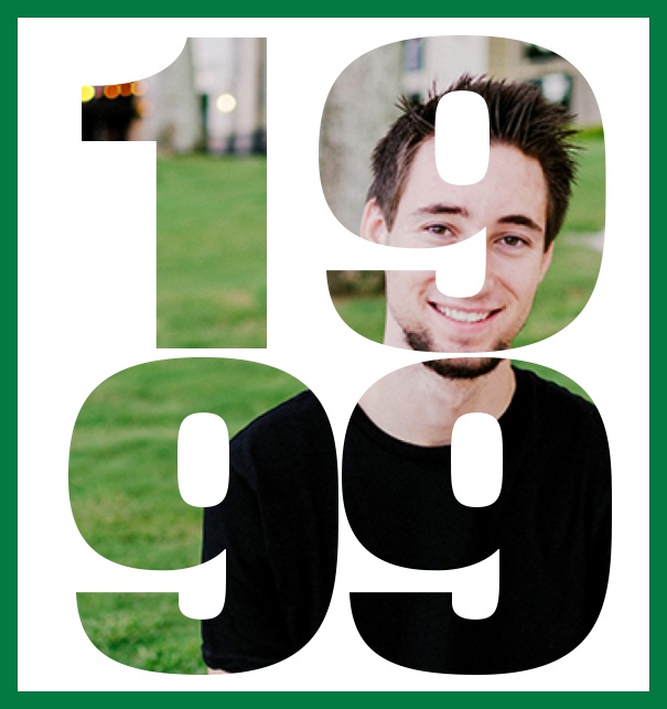 Große Online Einladungskarte zum 20. Geburtstag mit Rahmen und ausgeschnittenem Geburtsjahr 1999. Grün.