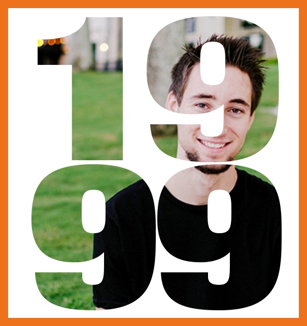 Große Online Einladungskarte zum 20. Geburtstag mit Rahmen und ausgeschnittenem Geburtsjahr 1999. Orange.