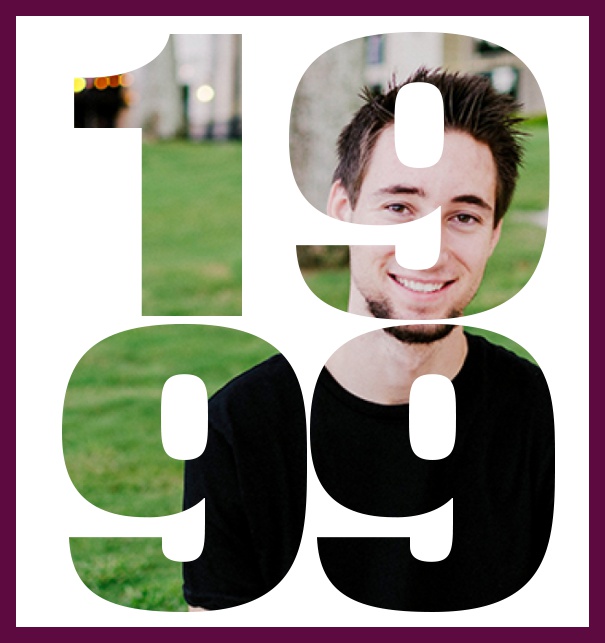 1999 geboren gross - Lila - 20. Geburtstag Große Online Einladungskarte zum 20. Geburtstag mit Rahmen und ausgeschnittenem Geburtsjahr 1999. Lila.