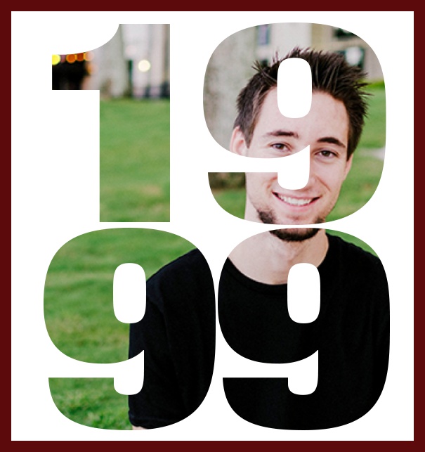 1999 geboren gross - Rot - 20. Geburtstag Große Online Einladungskarte zum 20. Geburtstag mit Rahmen und ausgeschnittenem Geburtsjahr 1999. Rot.