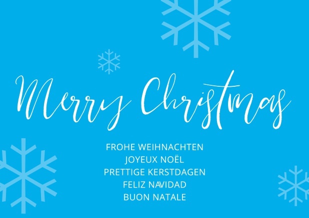 Online Eisblaue Weihnachtskarte mit Schnee und Merry Christmas Text in mehreren Sprachen.