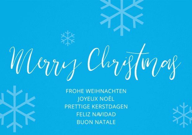 Eisblaue Weihnachtskarte mit Schnee und Merry Christmas Text in mehreren Sprachen.
