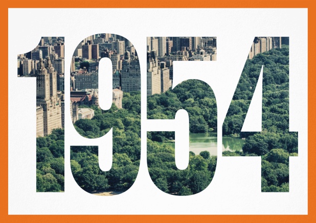 Einladungskarte mit ausgeschnittener 1954 für eigenes Image oder Foto Orange.