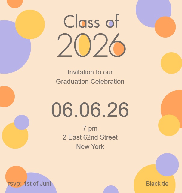 Online Einladungskarte mit Class of 2026 Text mit bunten Punkten Orange.