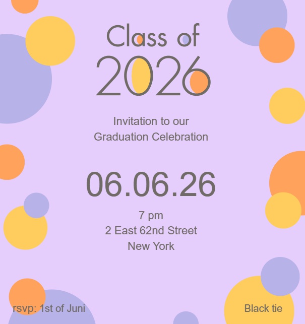Online Einladungskarte mit Class of 2026 Text mit bunten Punkten Lila.