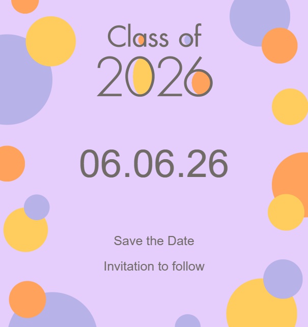 Online Save the Date Karte mit Class of 2026 Text und bunten Punkten Lila.