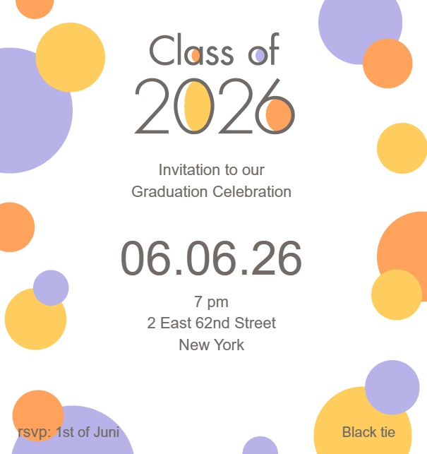 Online Einladungskarte mit Class of 2026 Text mit bunten Punkten Weiss.