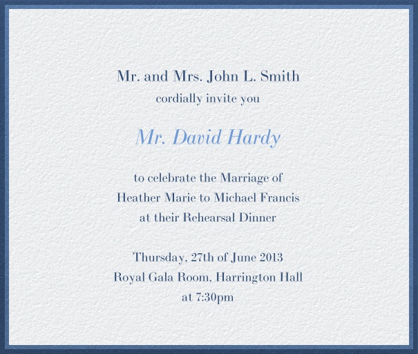 Weiße formale Einladungskarte in Quadratformat mit kunstvoll hellblauen und dunkelblauen gestreiftem Rahmen und der persönlichen Anrede des Empfängers.