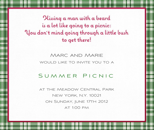 White Picnic Invitation Card with Plaid Border.