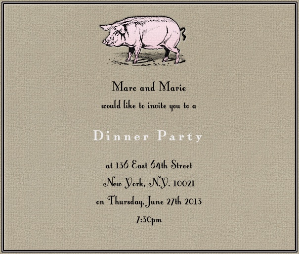 graufarbene Einladungskarte in Quadratformat mit weissem Rand schwarz umrandet und ein Schwein oben auf der Karte.