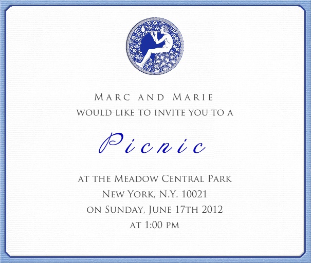 weisse Einladungskarte in Quadratformat mit blauem Rand und antiker Zeichnung eines Mannes Flöte spielend oben auf der Karte.