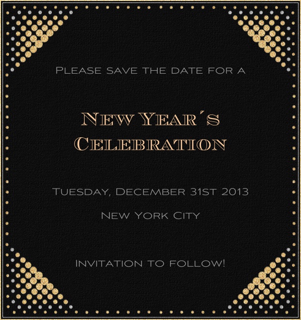 A Night in New York - Cocktails High Black Event Celebration Save the Date Template with New Year's Theme and Gold Disco Border.