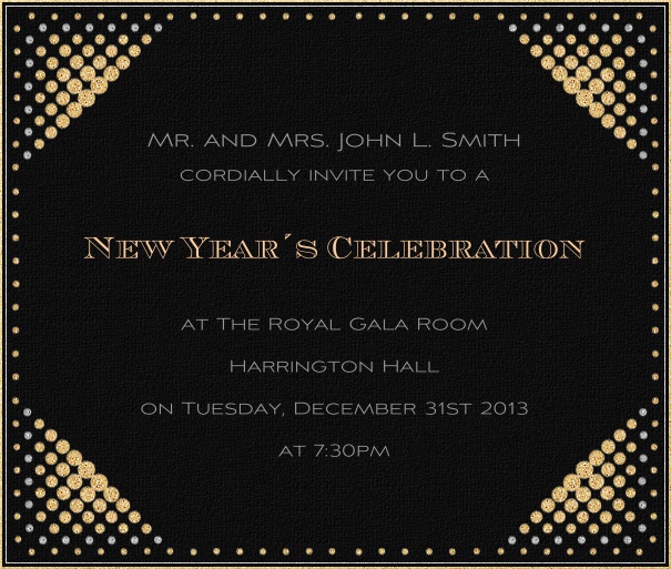 Black celebration square format invitation card with disco lights in all four corners.