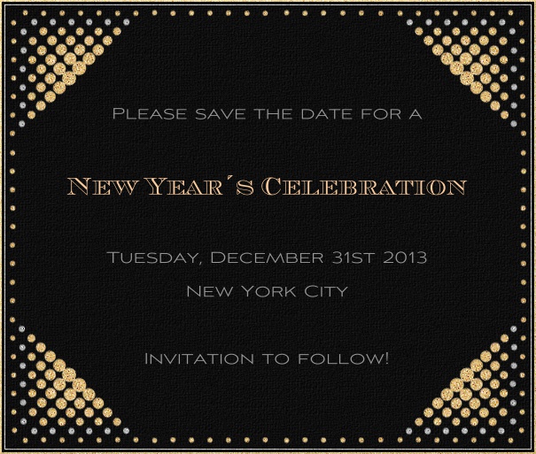 A Night in New York - Cocktails Black Event Celebration Save the Date Template with New Year's Theme and Gold Disco Border.