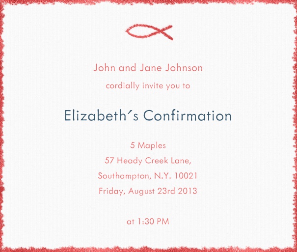 White Christening and Confirmation Invitation with red border and christian symbol.