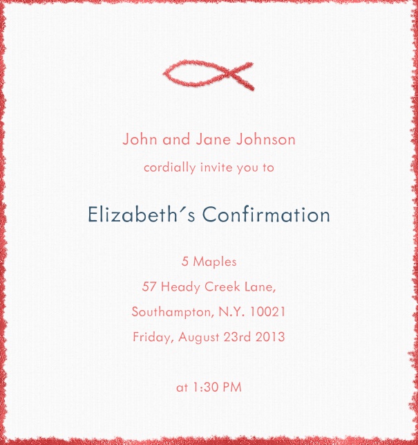 White Christening and Confirmation Invitation with red border and christian symbol.