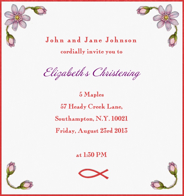 White Christening and Confirmation Invitation Card with flowers.