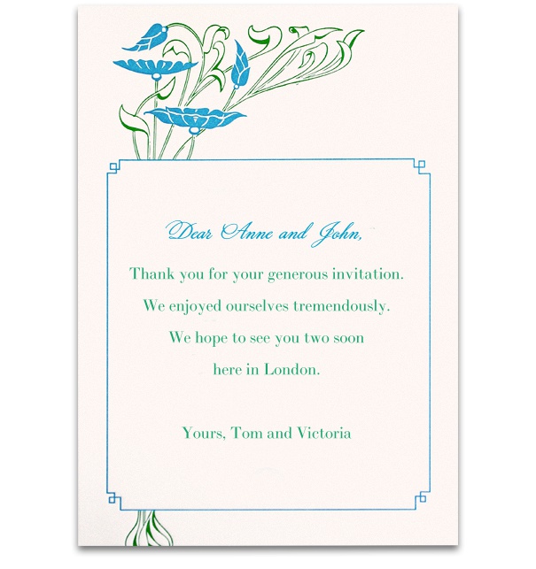 White Wedding card Online with Blue Border and blue and green flower.
