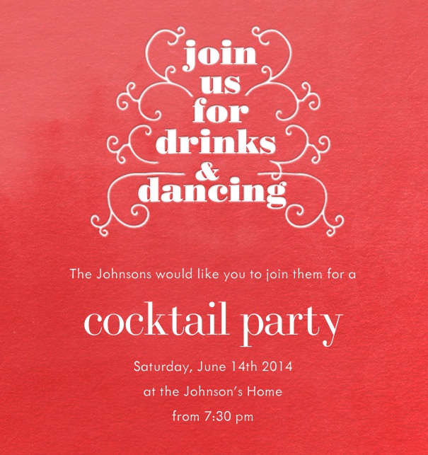 Rote Online Einladungskarte für Feierlichkeiten mit weißer Verzierung um den Schriftzug "join us for drinks & dancing" und editierbarem Textfeld.