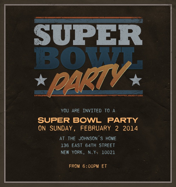 Braune Einladungskarte für Sportevents wie Super Bowl im Hochformat mit Schriftzug Superbowl oben, hellem Rahmen und editierbarem Textfeld.