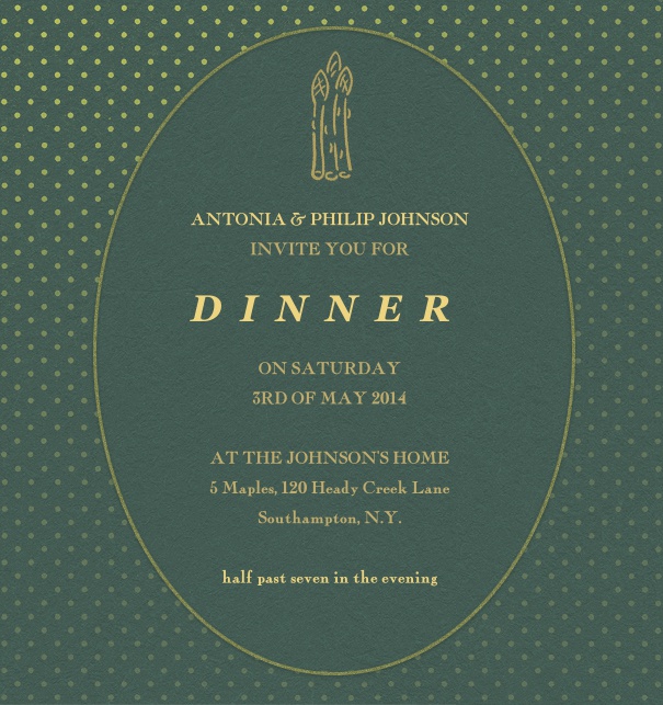 Grüne Online Kartenvorlage für Einladungen zum Dinner, Spargelessen oder Picknick mit Spargelstange oben rundem, editierbarem Textfeld.