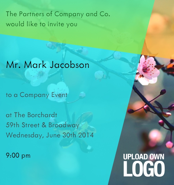 Online Corporate Invitation for Company with logo and green-light blue-orange text field.