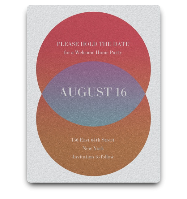 White background Save the Date card with two purple circles crossing each other and creating text box in the center.