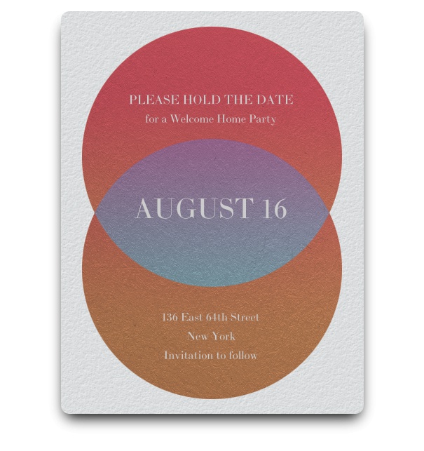 Elbe Riverside - Free designs White background Save the Date card with two purple circles crossing each other and creating text box in the center.