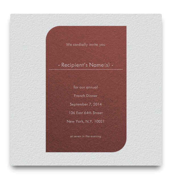 White formal invitation with brick red text box and Name of Recipient.
