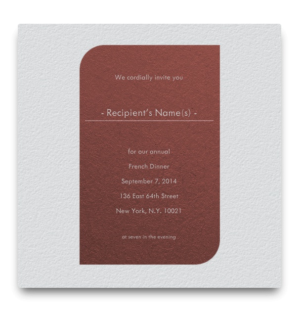 Michaels Muse - Free designs White formal invitation with brick red text box and Name of Recipient.
