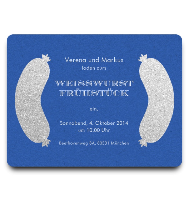 Blue Online Einladungskarte mit Weisswurst und editierbarem Text.