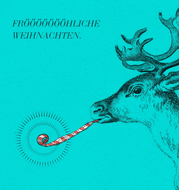 Weihnachtskarte online mit Elch und Tröte.