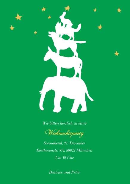 Grüne Weihnachtskarte mit den Bremer Stadtmusikanten.