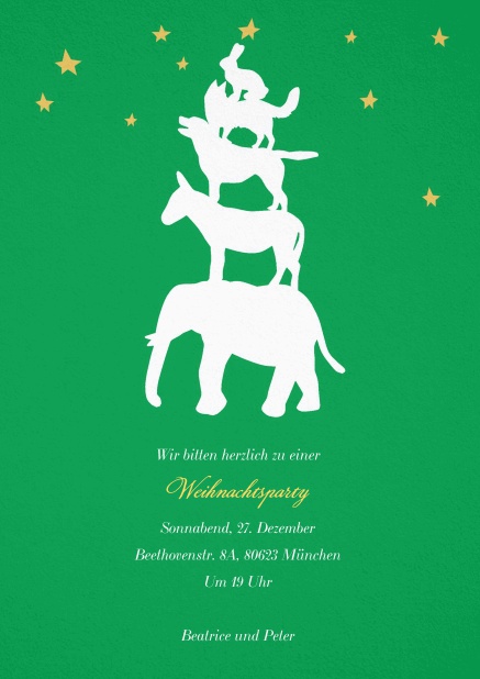Grüne Weihnachtskarte Bremer Stadtmusikanten gestaltet von La Familia Green.